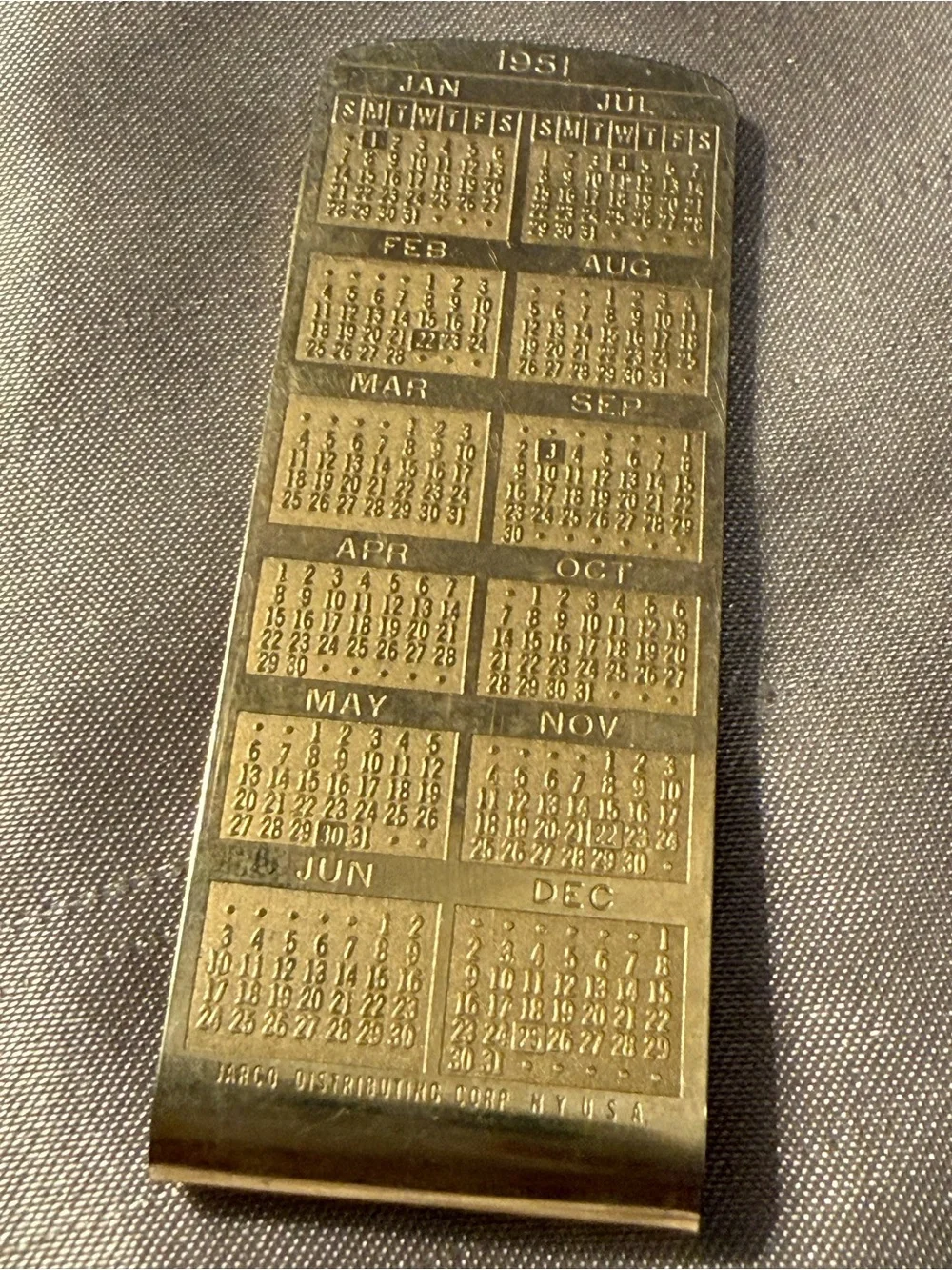 Vintage Money Clip 1950/1951 Perpetual Calendar - Gold Tone